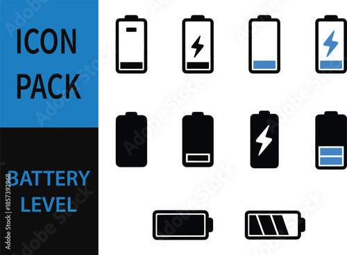 A set of battery level icons showing different charge states and charging status for electronic devices.