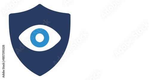 Dark blue shield with bright blue eye symbol on white background security protection