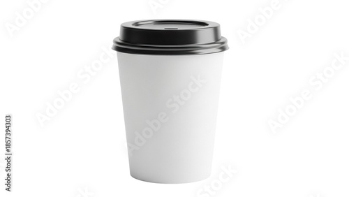 Foto Disposable coffee cup with black lid isolated PNG, blank paper cup for hot drink