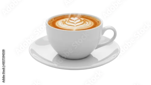 Obraz Latte art in a white cup isolated on a saucer PNG, coffee drink with heart design for cafe menu and beverage concepts