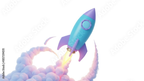 Φωτογραφία Cartoon rocket ship taking off isolated PNG, vibrant blue and purple space vehic