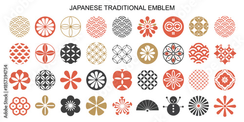 Japanese pattern symbols and icon set in hand drawn style. Traditional oriental design elements, wave, cloud and floral ornaments. Isolated vector illustration for cultural projects.