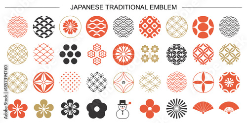 Japanese pattern symbols and icon set in hand drawn style. Traditional oriental design elements, wave, cloud and floral ornaments. Isolated vector illustration for cultural projects.