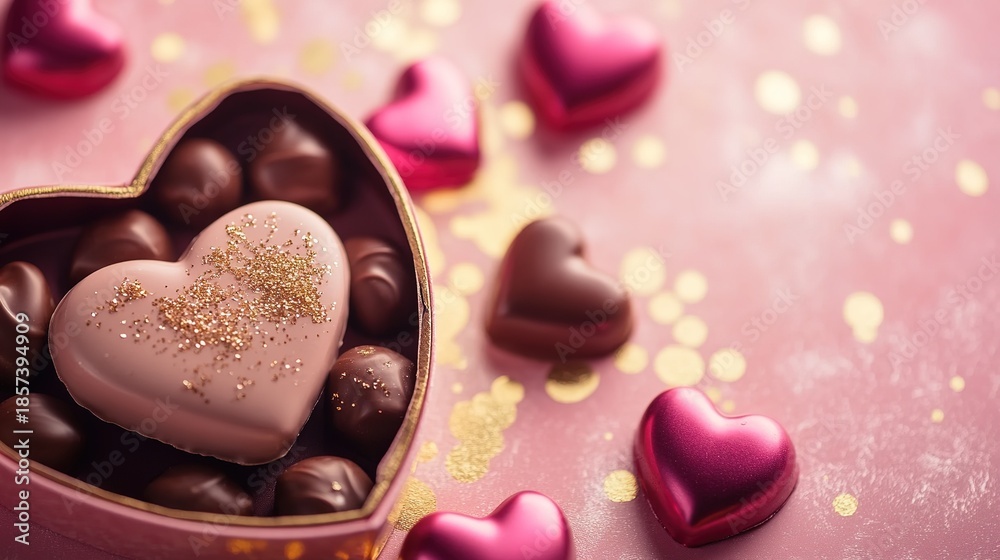 Obraz premium Macro Shot of Open Heart-Shaped Box with Scattered Chocolates on Liquid Gold and Matte Pink Background, Shallow Depth of Field