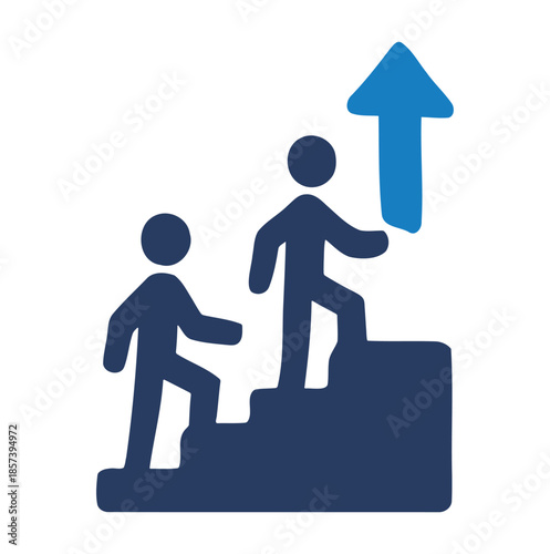 Two dark blue figures climbing stairs with a blue upward arrow step