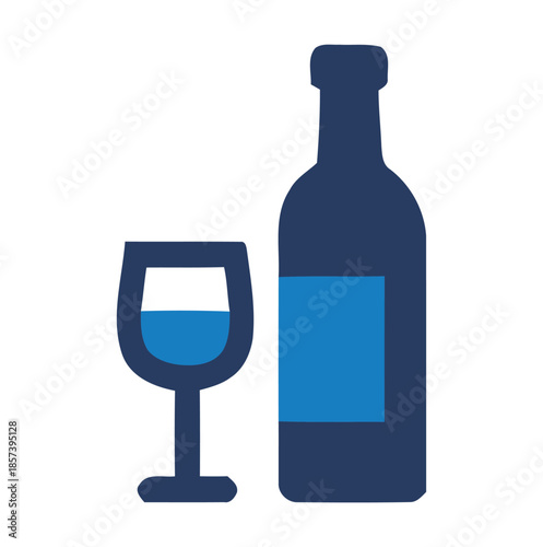 Dark blue wine bottle and glass with blue liquid on white background vector