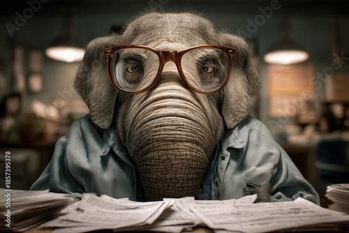 Elephant in glasses and shirt working at office desk with papers