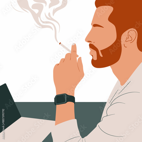 A contemplative man holding a cigarette, positioned beside a laptop, embodying feelings of reflection and urban lifestyle amidst a creative workspace ambiance.