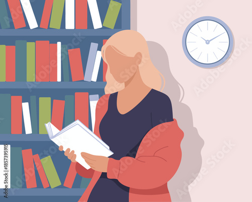 A young woman stands in a library, reading a book intently. The colorful bookshelves create a warm and inviting atmosphere for book lovers and learners alike.