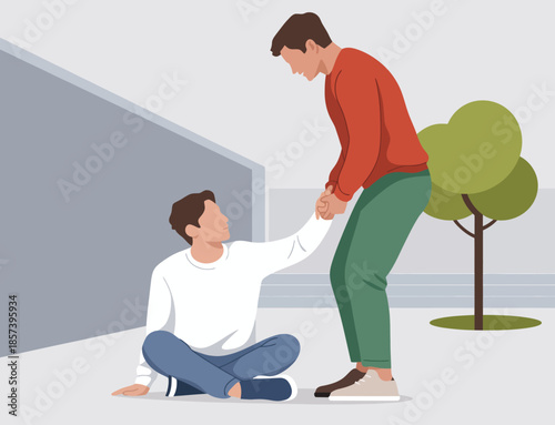 An illustration showcasing a supportive interaction between two young men, embodying themes of friendship and compassion as one helps the other who is seated on the ground.