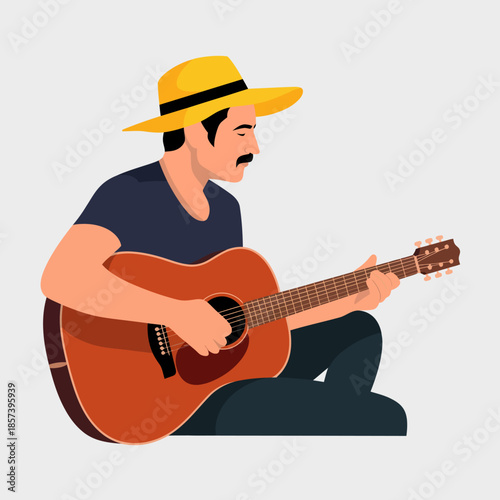 A musician passionately plays an acoustic guitar while sitting down, basking in the warm sunlight, representing creativity, artistry, and the joy of making music outdoors.