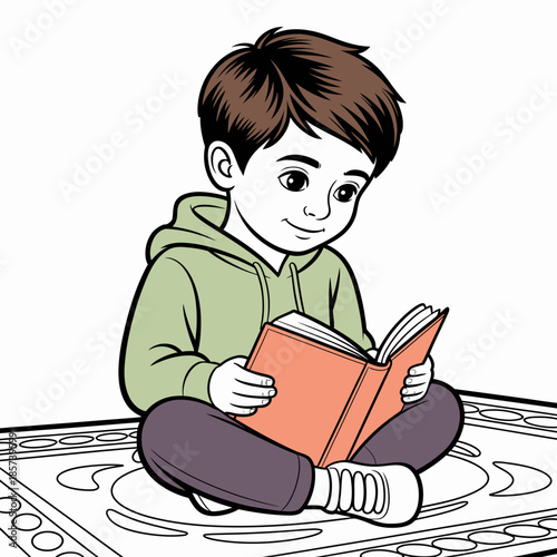 A young boy sitting cross-legged on a rug, deeply engrossed in reading a book. His expression reflects the joy and curiosity found in discovering new stories.