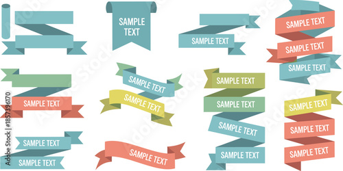 Colorful ribbon banner set with sample text in various shapes and styles for graphic design and creative labeling.