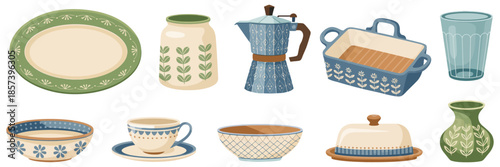 Kitchen Utensils and Dishware Set, White Floral Ceramic Pottery with Porcelain Cup, Dish, Teapot, Coffee Pot, Jug, Butter Dish and Creamer