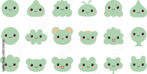 Cute green cartoon-style characters with smiling faces and blush cheeks in grid layout for children’s design and media.