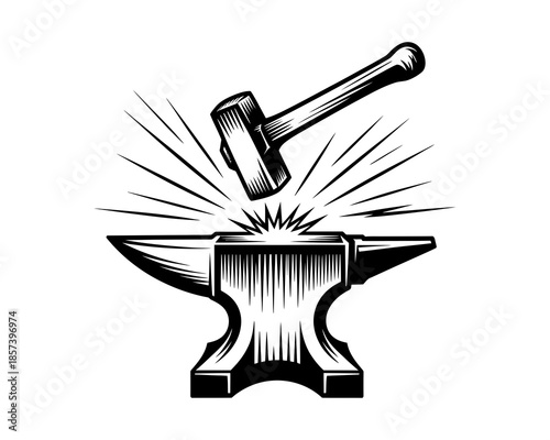 Blacksmith hammer striking anvil with radiating lines metalworking forging