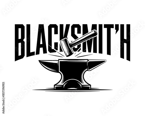 Blacksmith hammer striking anvil with word blacksmith in bold black letters metalworking forging