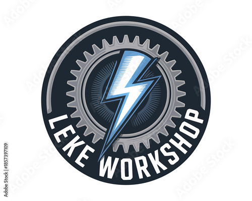 Blue lightning bolt and gear emblem with text Leke Workshop cogwheel electricity