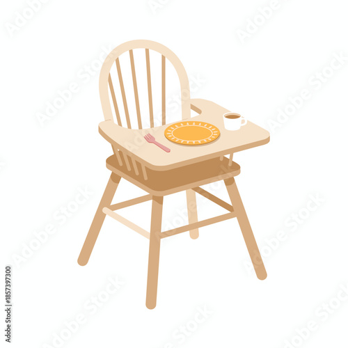 This charming illustration depicts a wooden high chair set for mealtime with a plate and a cup, symbolizing childhood, nurturing, and the joys of family dining and growth.