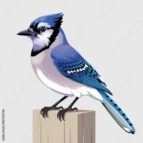 A beautifully illustrated blue jay bird perches on a post, capturing the elegance and vibrant colors of this beloved bird in a serene and artistic manner.