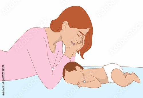 A tender illustration of a mother enjoying a peaceful moment with her baby, establishing a loving bond, radiating warmth, affection, and nurturing vibes in a gentle atmosphere.