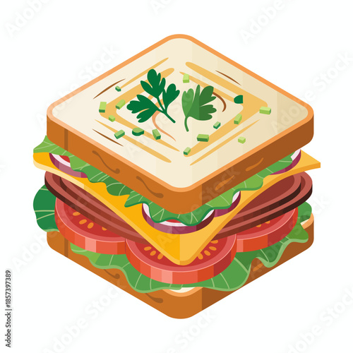 This vibrant illustration depicts a multi-layered sandwich featuring fresh vegetables, cheese, and meats, capturing the essence of a hearty meal prepared with care.