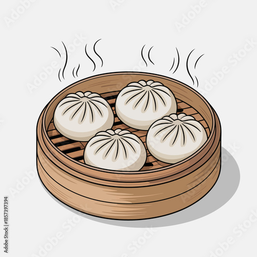 A beautifully designed bamboo steamer filled with freshly made dumplings, releasing steam. This vibrant illustration showcases the joy of traditional Asian cuisine and sharing meals.