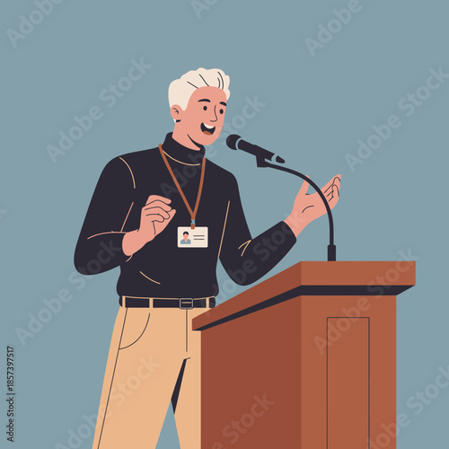A confident man is addressing an audience from a podium with a microphone, symbolizing communication, leadership, and the exchange of ideas in a public setting.