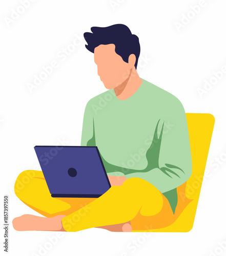A young man sitting comfortably with a laptop, indicating a relaxed yet focused work or study environment. This illustration embodies productivity and modern lifestyle habits.