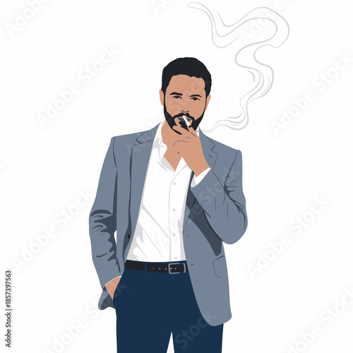 A fashionable man dressed in a suit, posing confidently with a cigarette, exuding an aura of sophistication and effortless style in a minimalist background.