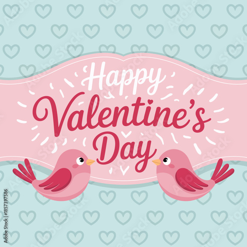 An adorable Valentine's Day greeting card featuring two cute pink birds surrounded by hearts, conveying love and affection in a playful and colorful design.