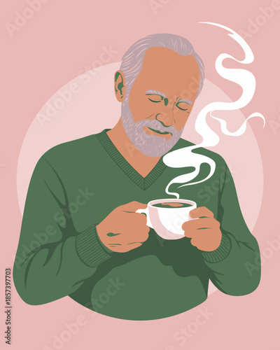 A peaceful illustration of a wise, gray-haired man savoring a warm beverage, surrounded by a calming atmosphere, embodying relaxation, reflection, and contentment in life.