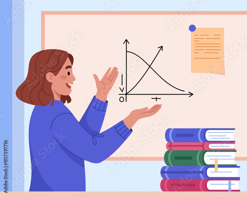 A friendly teacher enthusiastically explains a graph on a classroom board, embodying educational spirit and student engagement in a nurturing learning environment.