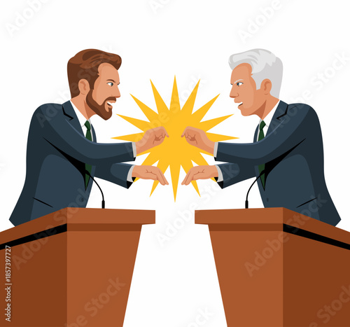Two men face each other in a heated debate, showcasing their confidence and passion in a lively and dynamic confrontation, highlighting the essence of discussion.