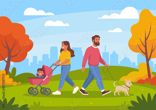 A joyful family scene set in a vibrant park where a mother walks with her stroller and a father strolls their dog, symbolizing love, togetherness, and nature.