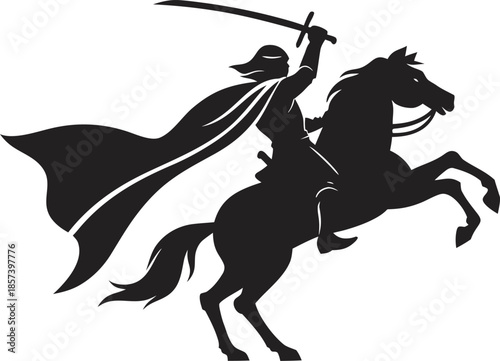  Masked swordsman hero on rearing horse silhouette vector illustration