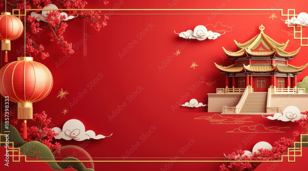 Naklejka premium Red background chinese temple paper art cloud lantern cherry blossom gold border festival oriental celebration mood Red festive background with chinese temple and hanging lantern paper art style