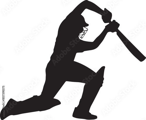 Black silhouette of a cricket batsman swinging a bat on white background