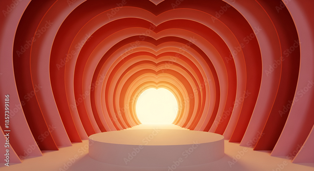 Obraz premium Warm Backlit Podium Stage with Layered Paper Cut Heart Tunnel