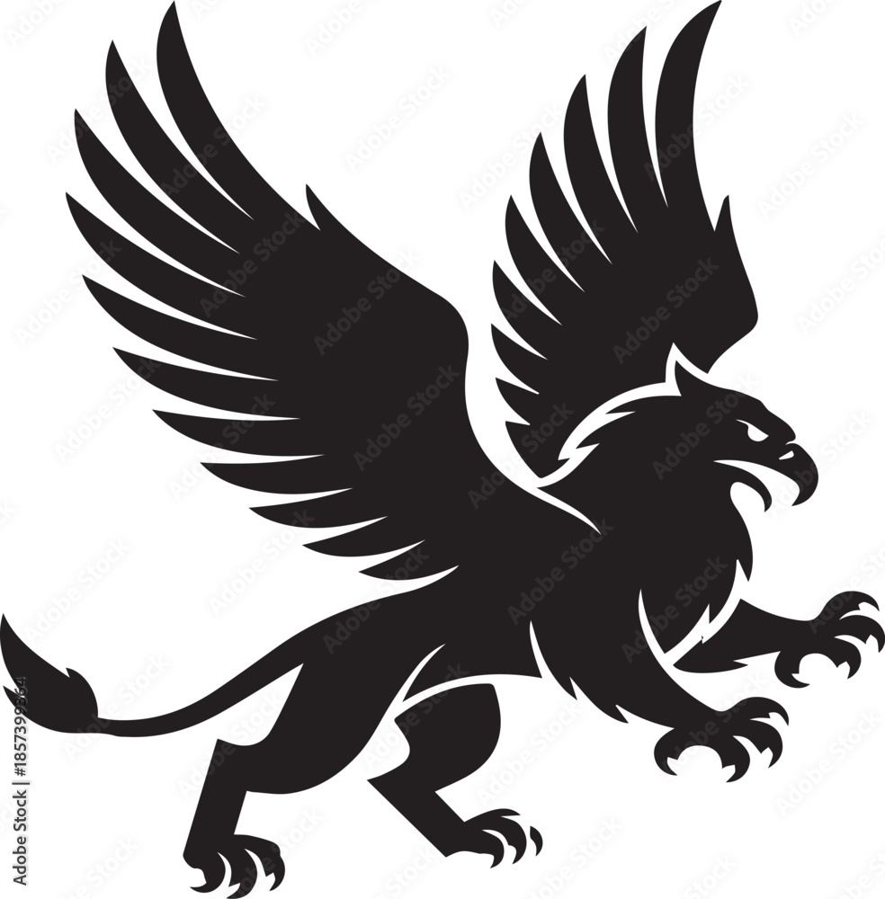 Fototapeta premium Black silhouette of a mythical griffin with wings spread wide mythical creature white background des
