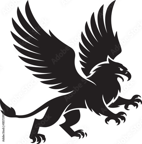 Black silhouette of a mythical griffin with wings spread wide mythical creature white background des