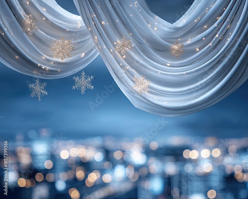 Winter Cityscape Decor With Drapery And Snowflakes