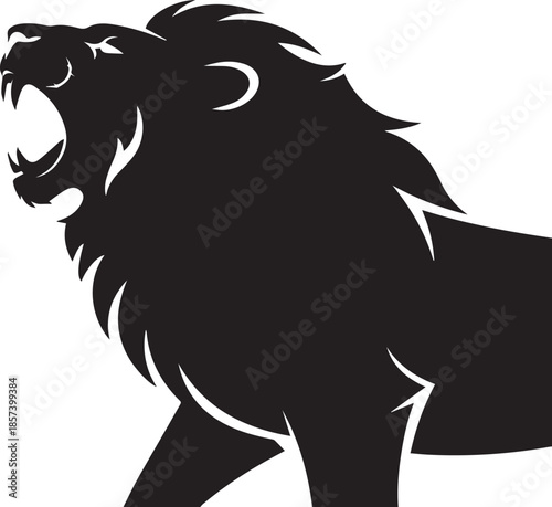 Black silhouette of a roaring lion with open mouth and mane white