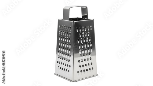 Fotografie Metal box grater isolated PNG, kitchen utensil with handle for grating cheese an