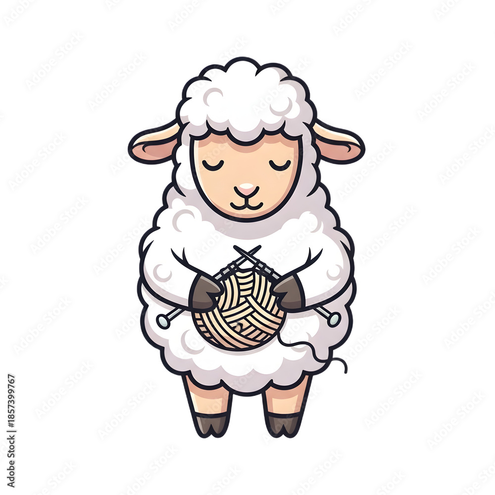 Obraz premium Peaceful Cartoon Sheep Character Knitting with a Large Ball of Wool