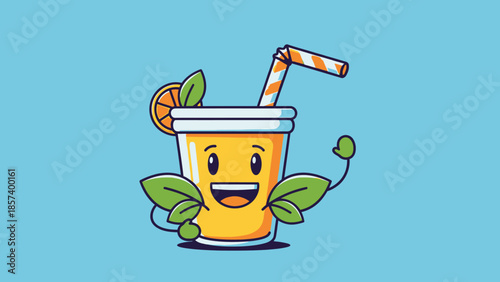 Happy Orange Juice Drink Cartoon with Straw and Orange Slice on a Light Blue Background