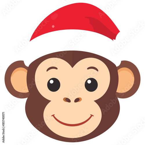 Adorable cute cartoon monkey character illustration, wild primate mascot wearing a cheerful red Santa Claus Christmas hat, simple flat design vector graphic icon, minimalist winter holiday animal