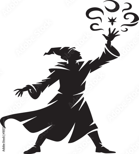 Black silhouette of a wizard casting a spell with magical swirls
