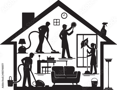 Household cleaning team working together efficiently