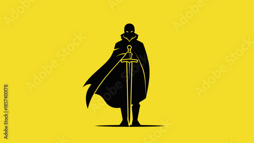 Mysterious Dark Knight Silhouette with Sword and Cape Standing Heroic on a Solid Yellow Background